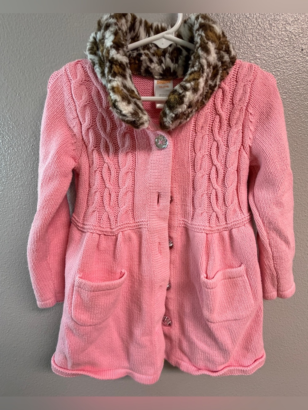 Gymboree Pink Knit Pea Coat with Faux Fur Leopard Collar